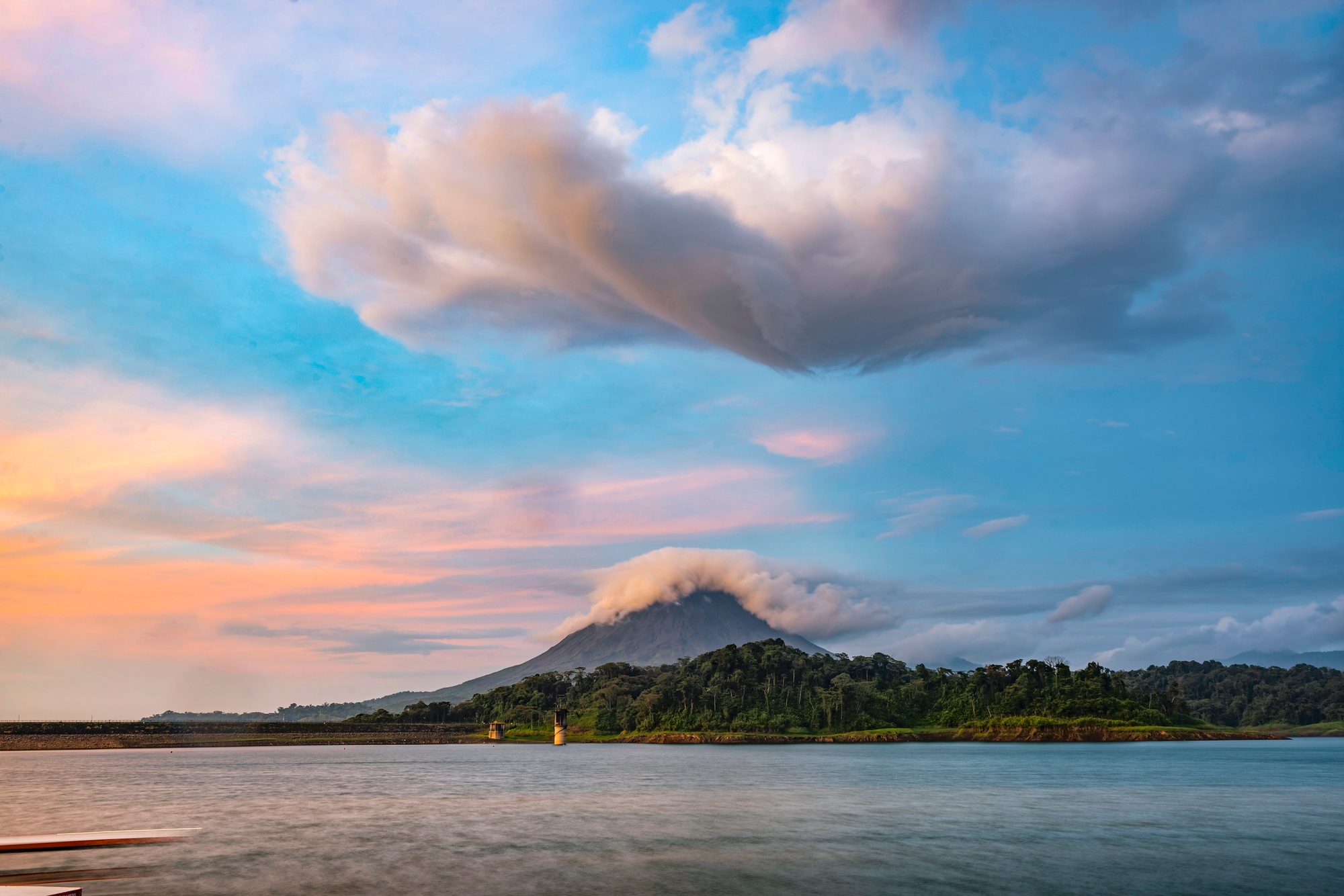 Arenal Volcano and Arenal Lake at sunset, near La Fortuna, Alajuela Province, Costa Rica